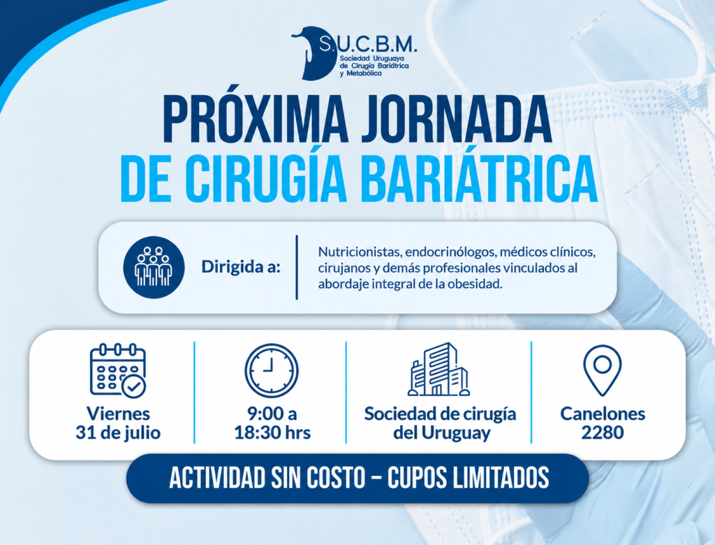 La Sociedad de Cirugía del Uruguay tiene el agrado de invitarlos a participar en la próxima Jornada de Cirugía Bariátrica.