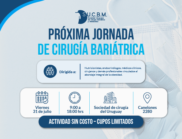 La Sociedad de Cirugía del Uruguay tiene el agrado de invitarlos a participar en la próxima Jornada de Cirugía Bariátrica.